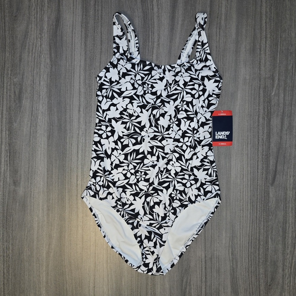 NWT Lands End Black White Floral Tropical One Piece Swimsuit Beach Resort Sz XS